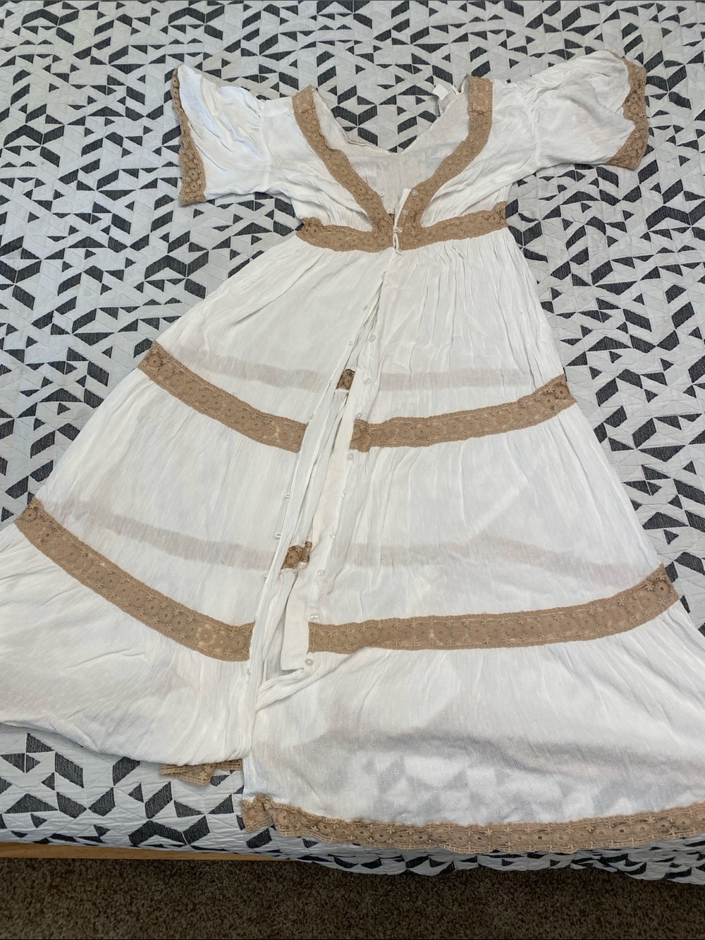 Band of the Free Boho White Cotton Maxi Dress with Tan Lace Trim